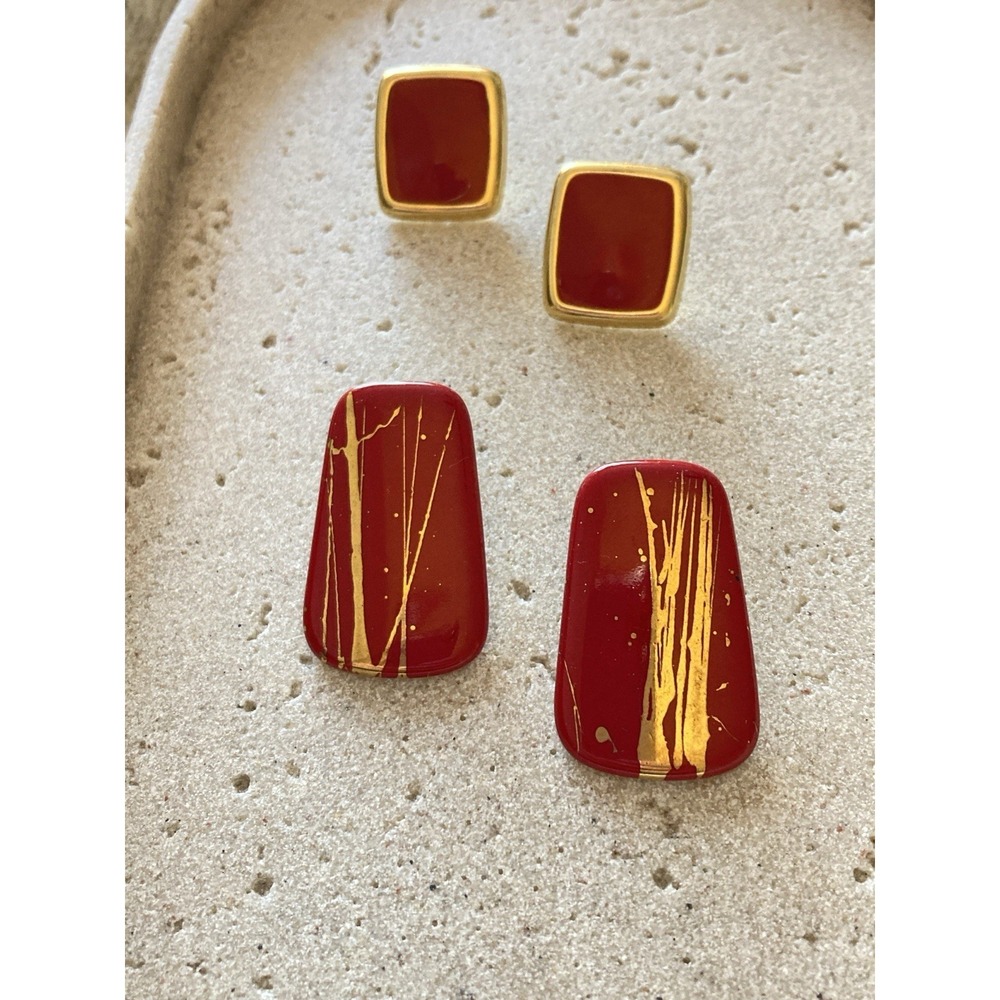 80's Style Earrings Set Of 2 Pair Cherry Red & Gold Tones Bold Chunky Statement